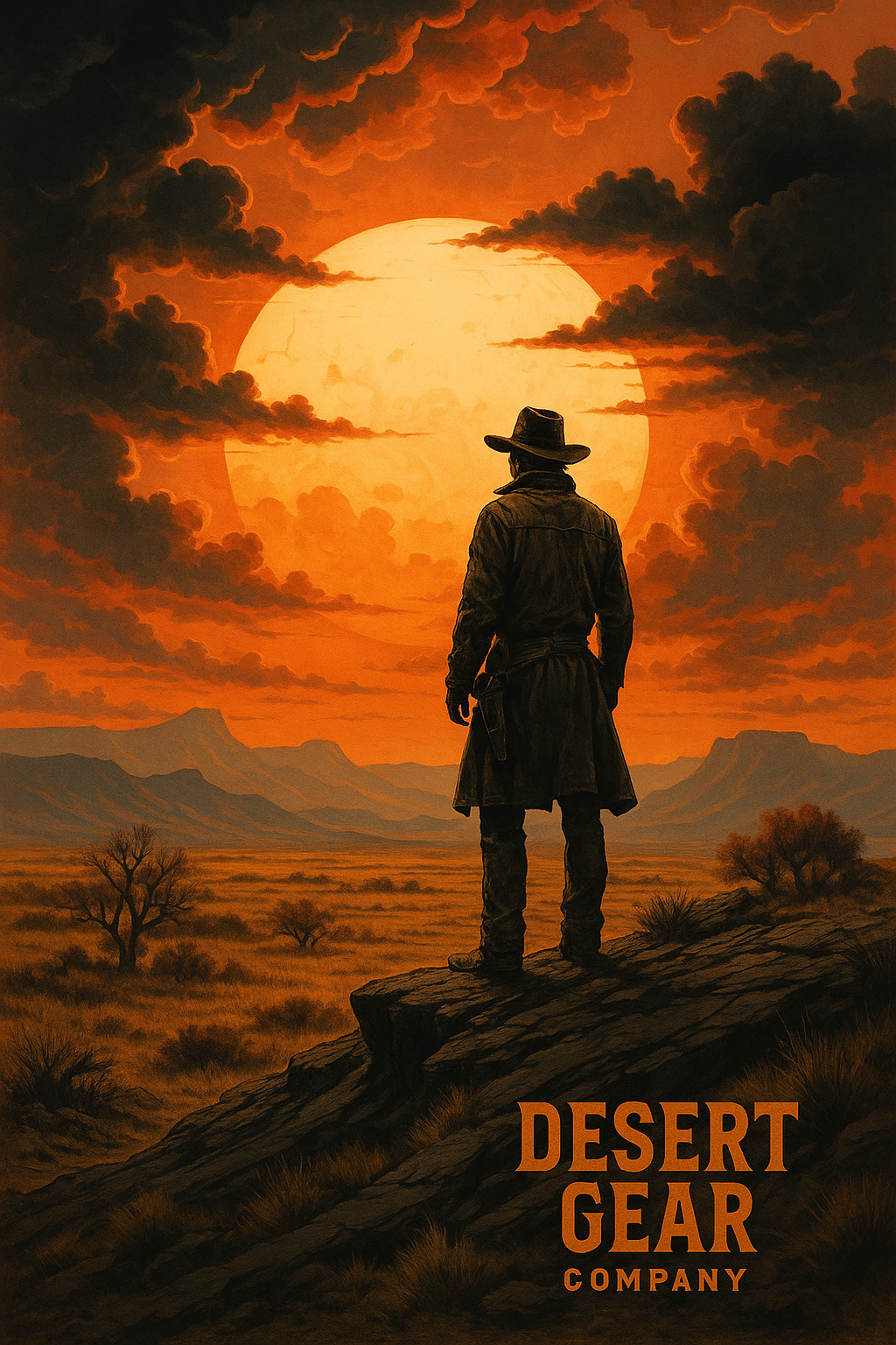 Silhouette of a person in a cowboy hat and coat against an orange sunset sky with 'Desert Gear Company' branding.