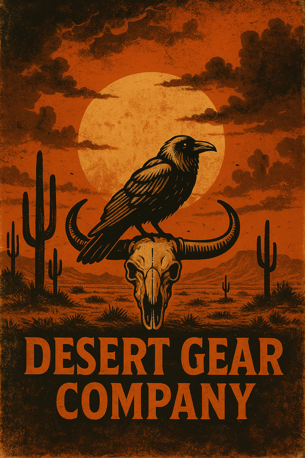 Desert Gear Company logo with a raven on a skull against an orange sunset sky.